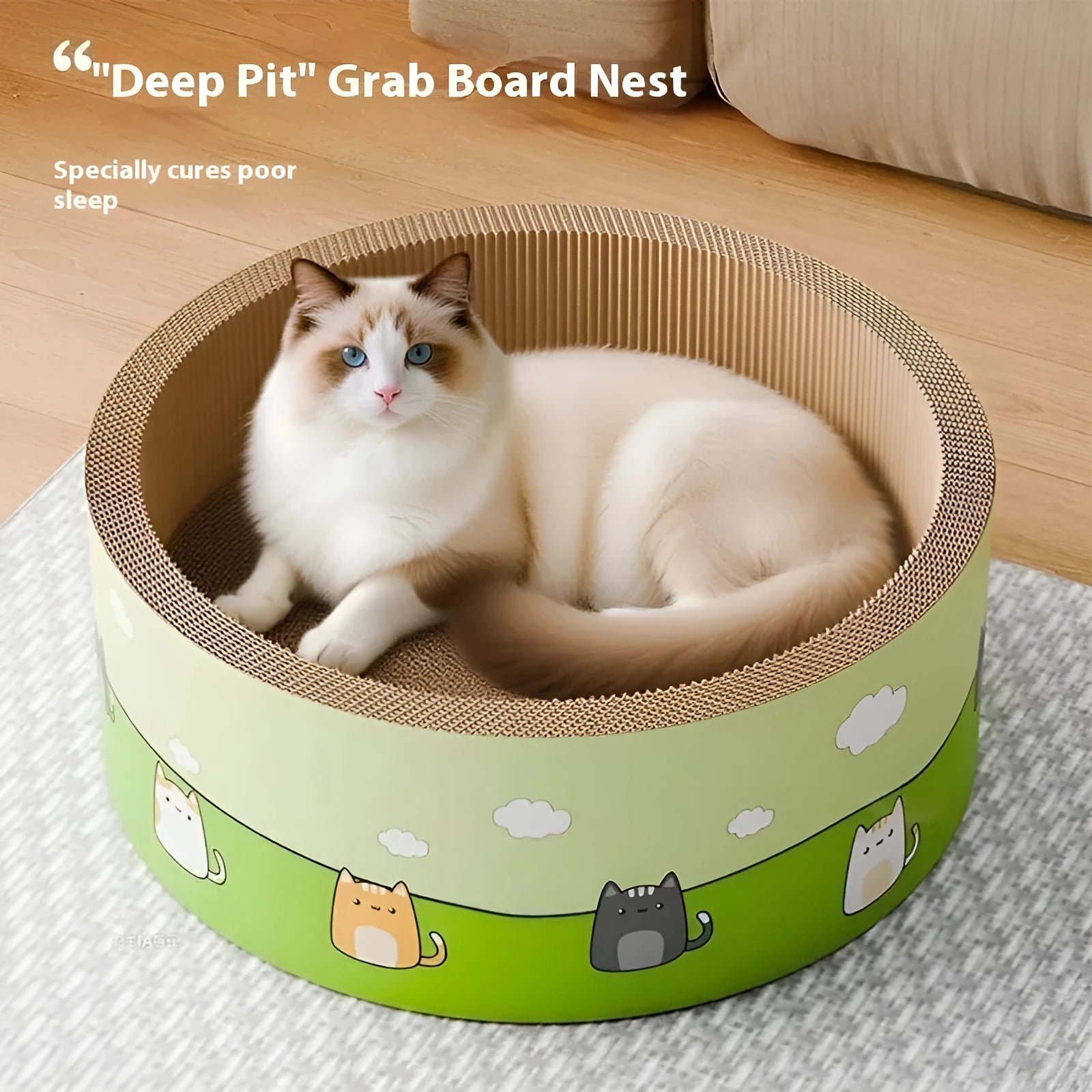 Large round cat scratch board made of brown corrugated paper in a deep pit design.