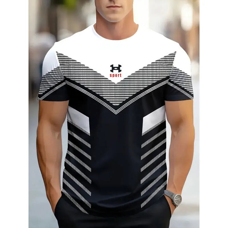 Men's loose fit short sleeve T-shirt with bold 3D printed stripe pattern in a picture style colour.
