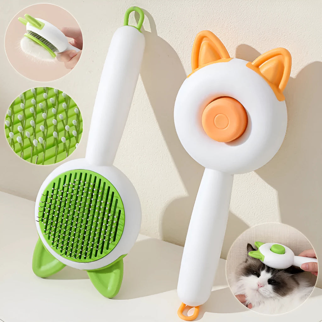 Self-cleaning pet grooming brush with stainless steel teeth and TPR massage nodes in greenish white colour.