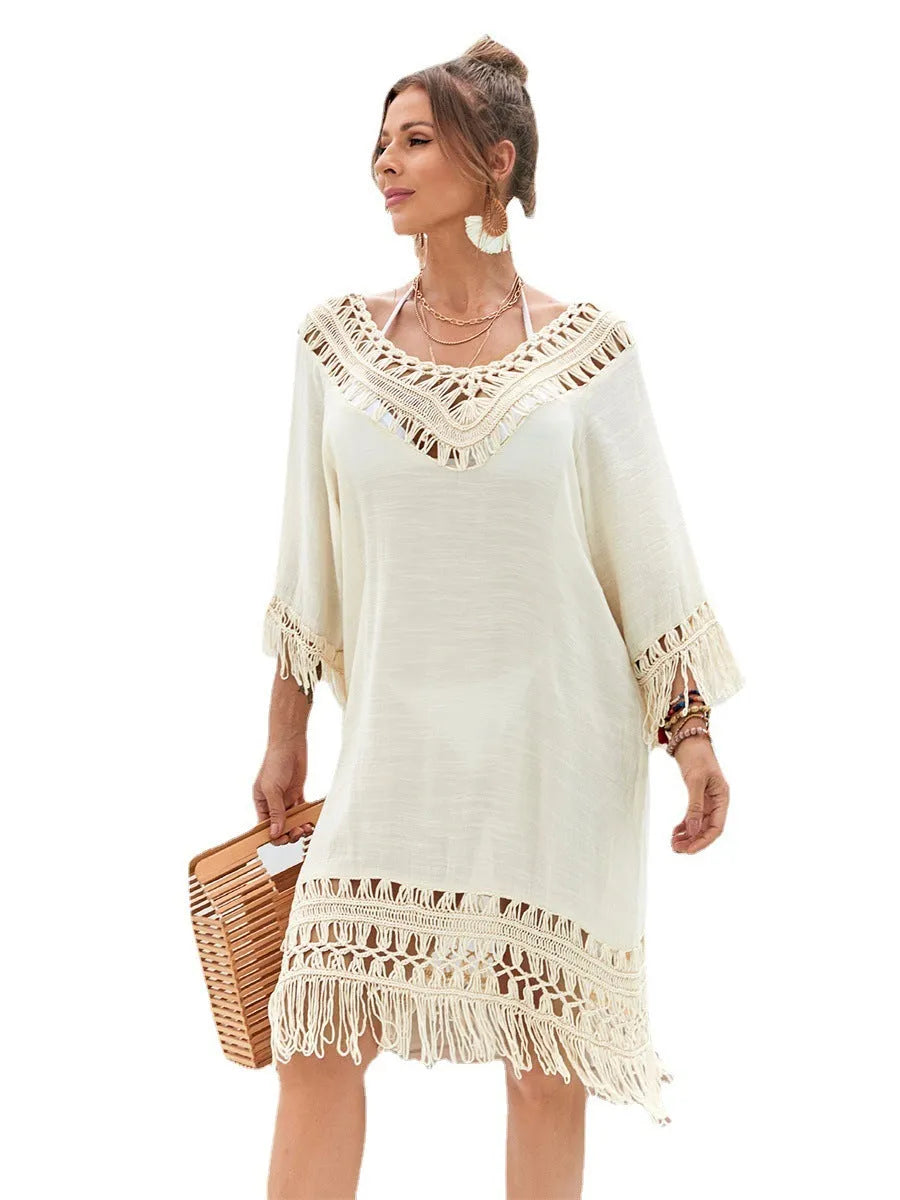 Hand-crocheted apricot beach dress with polyester lining for swimming and wading sports activities