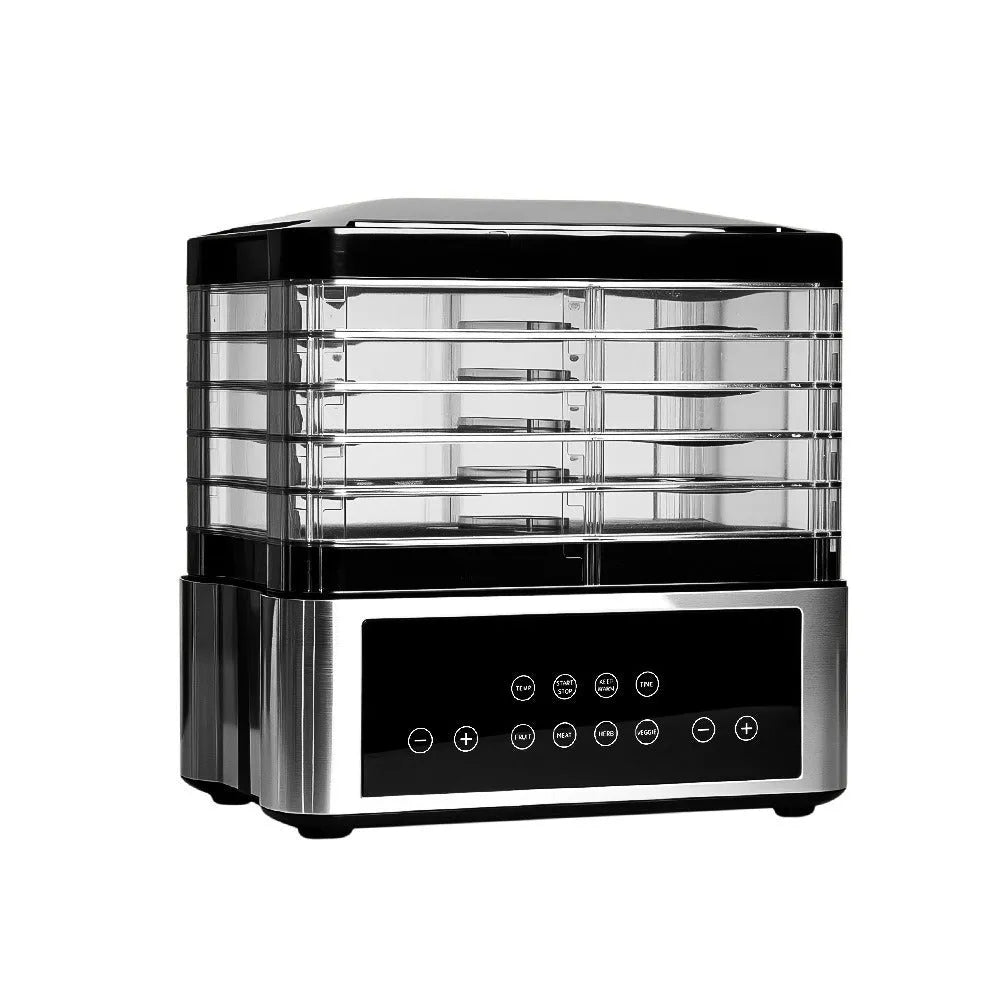 Silver stainless steel food dehydrator with 14-litre capacity and adjustable temperature controls