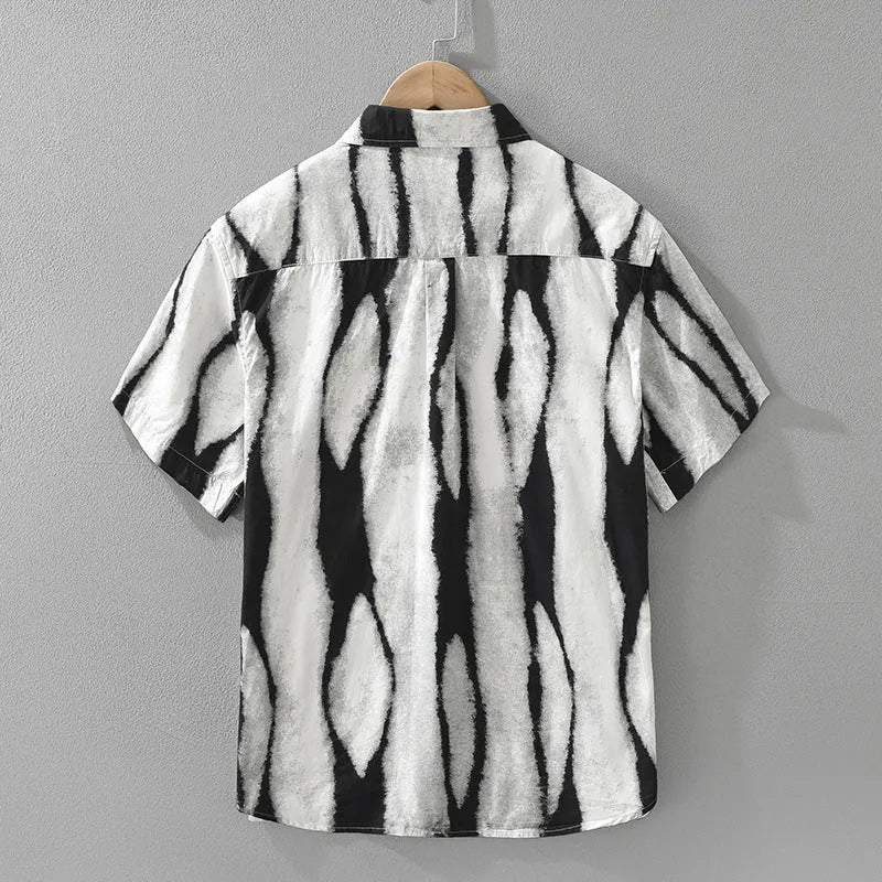 Men's black and brown striped retro short sleeve cotton shirt with loose cardigan fit
