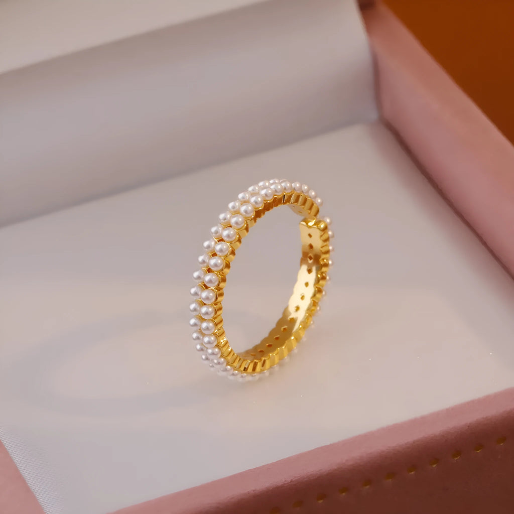 Gold geometric open-mouth women's ring with round pearl detailing on electroplated copper