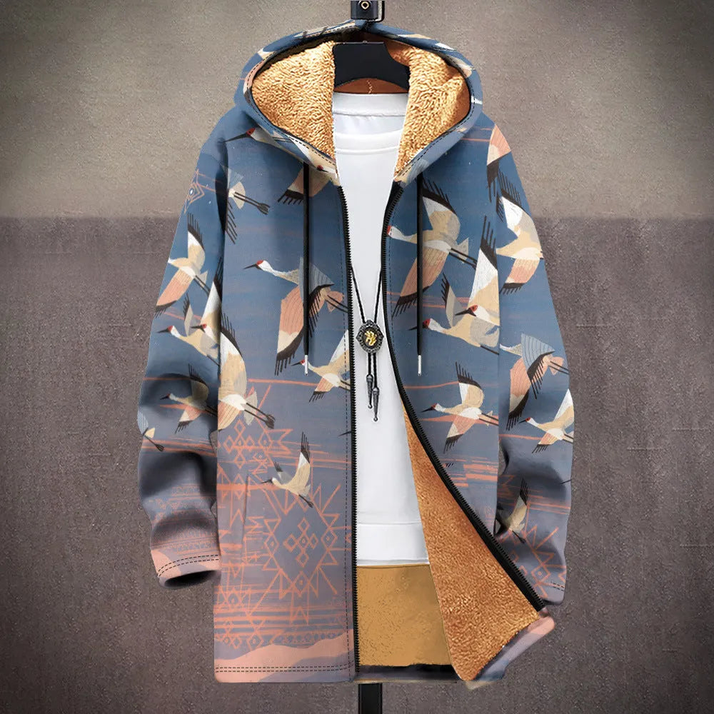 Man wearing a multicolour printed hooded cardigan with a zip front closure.