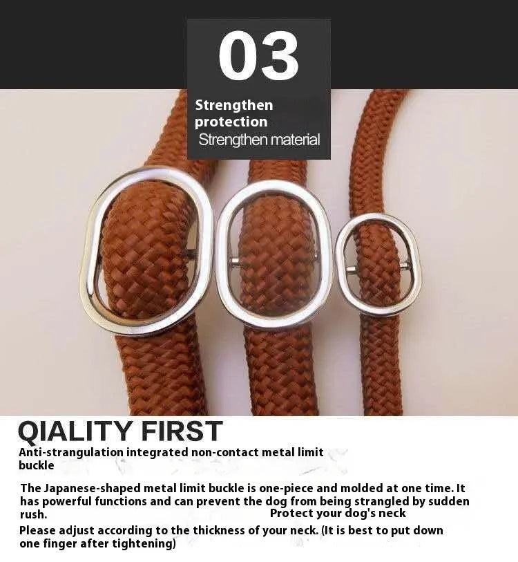 Brown nylon dog leash with hand holding rope design measuring 2.1 metres in length