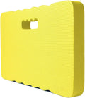 Blue EVA foam garden kneeler pad on grass, showing dimensions for outdoor kneeling.