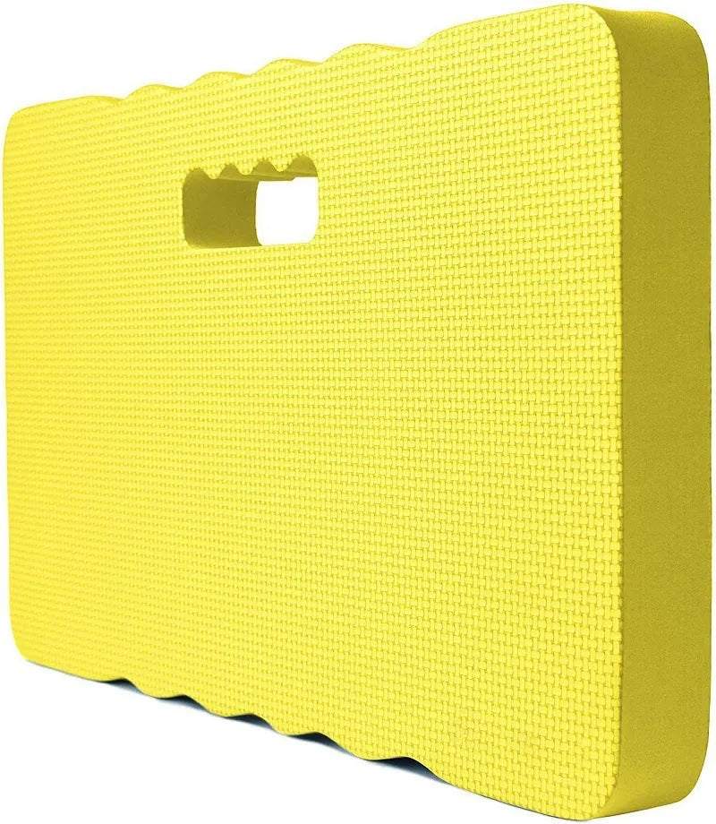Blue EVA foam garden kneeler pad on grass, showing dimensions for outdoor kneeling.