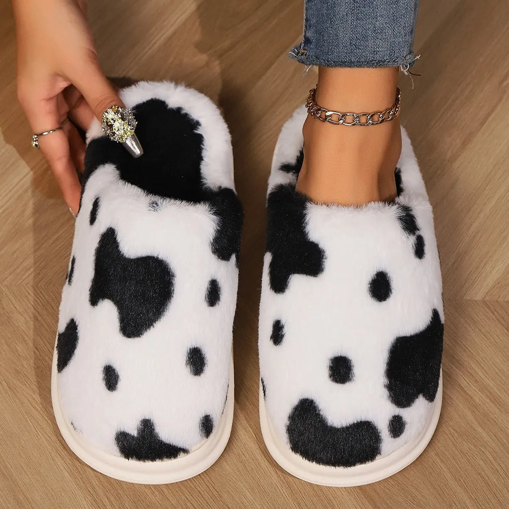 Cow spotted plush slippers with non-slip sole, available in black brown coffee pink for women and men