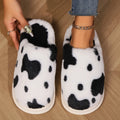 Cow spotted plush slippers with non-slip sole, available in black brown coffee pink for women and men