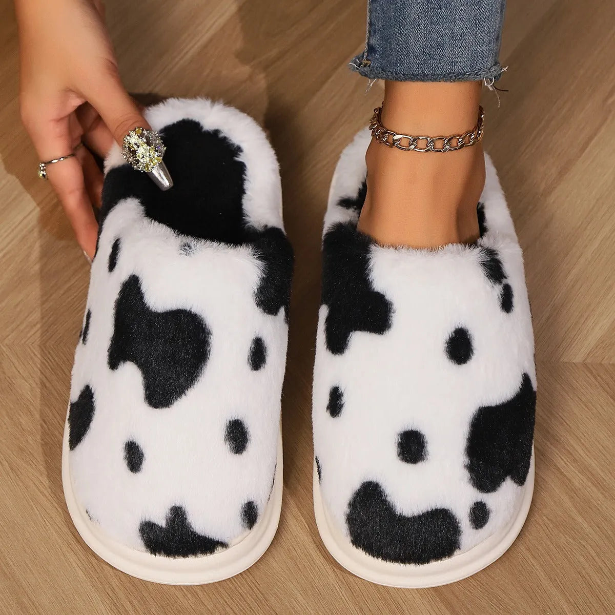 Cow spotted plush slippers with non-slip sole, available in black brown coffee pink for women and men