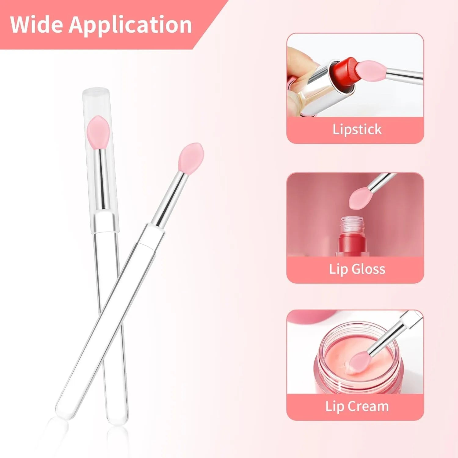 Set of eight coloured reusable silicone lip brushes with protective caps on a white background.