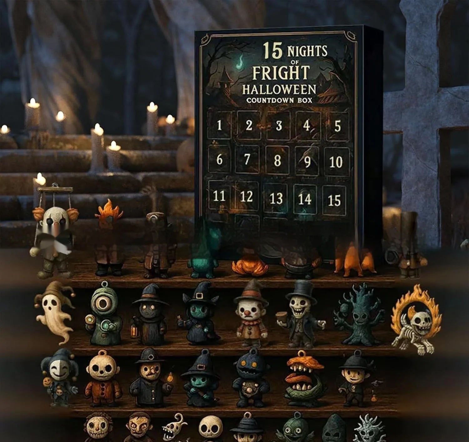 Halloween horror advent countdown box with plastic and resin construction showing blind box packaging