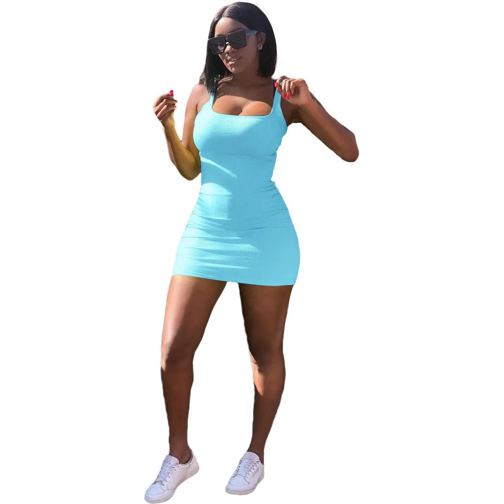 Women's casual dress with big U-neck and concave stripe pattern in sleeveless strap design