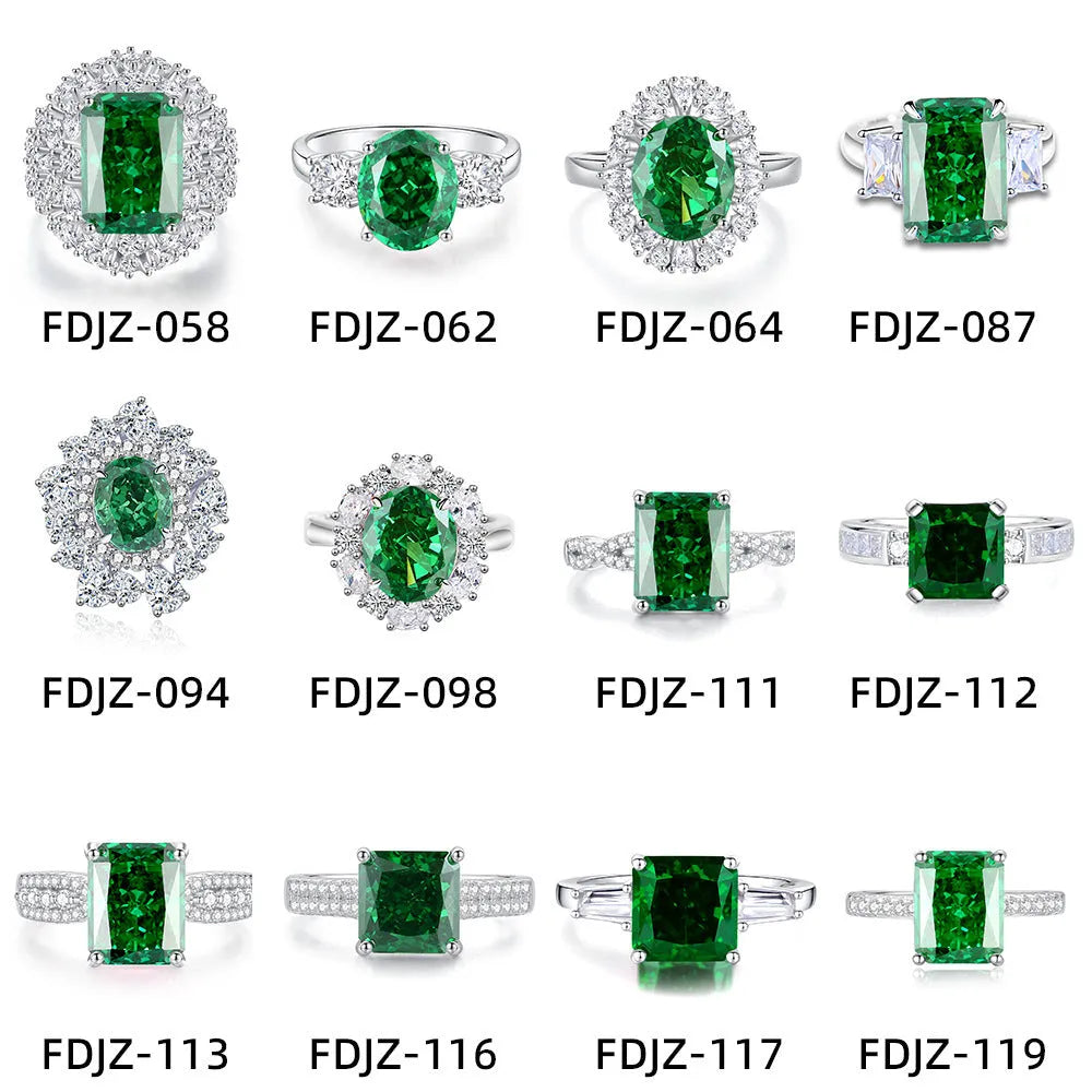 S925 sterling silver women's ring with a green emerald in a Palaibahao design and an inlaid high-carbon diamond on a geometric ellipse band.