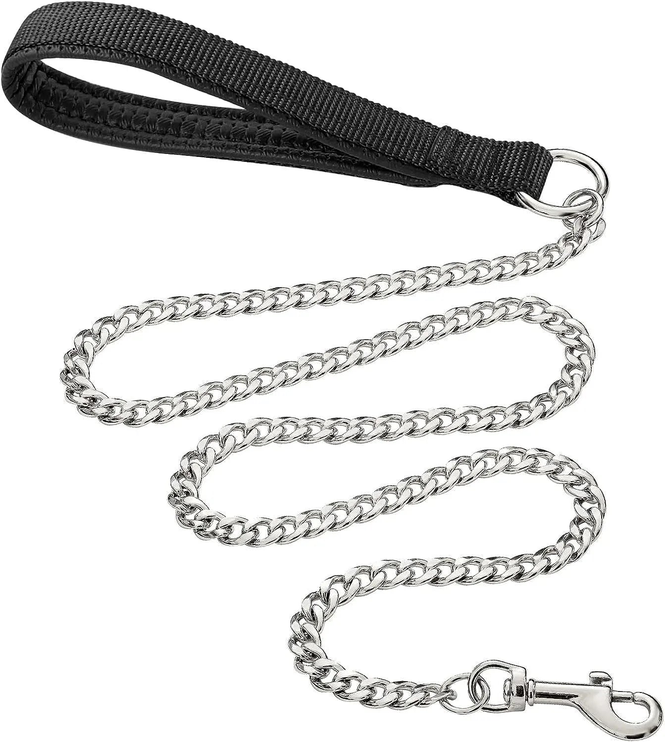 Heavy duty metal dog leash chain with soft padded handle in black, blue, or red for large medium dogs