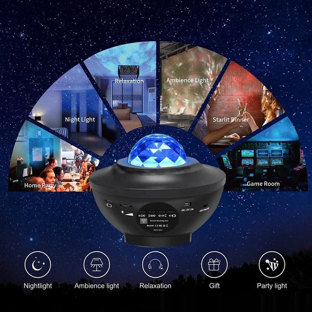 Black parallel-style starry sky projection lamp with water ripple laser effects on desktop
