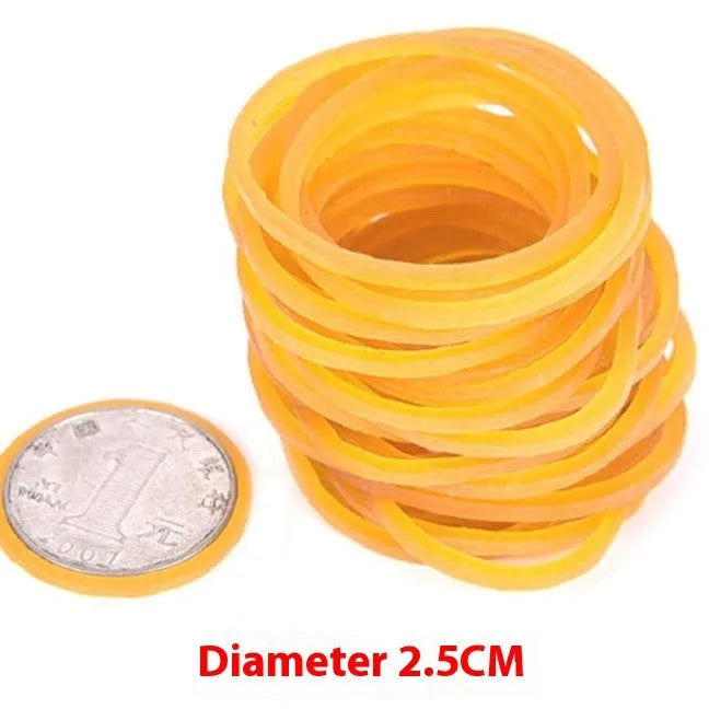 500g pack of yellow industrial rubber bands in multiple diameters from 16mm to 70mm for heavy duty bundling