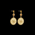 A pair of stainless steel geometric earrings showing star, eye, and shell sun designs.