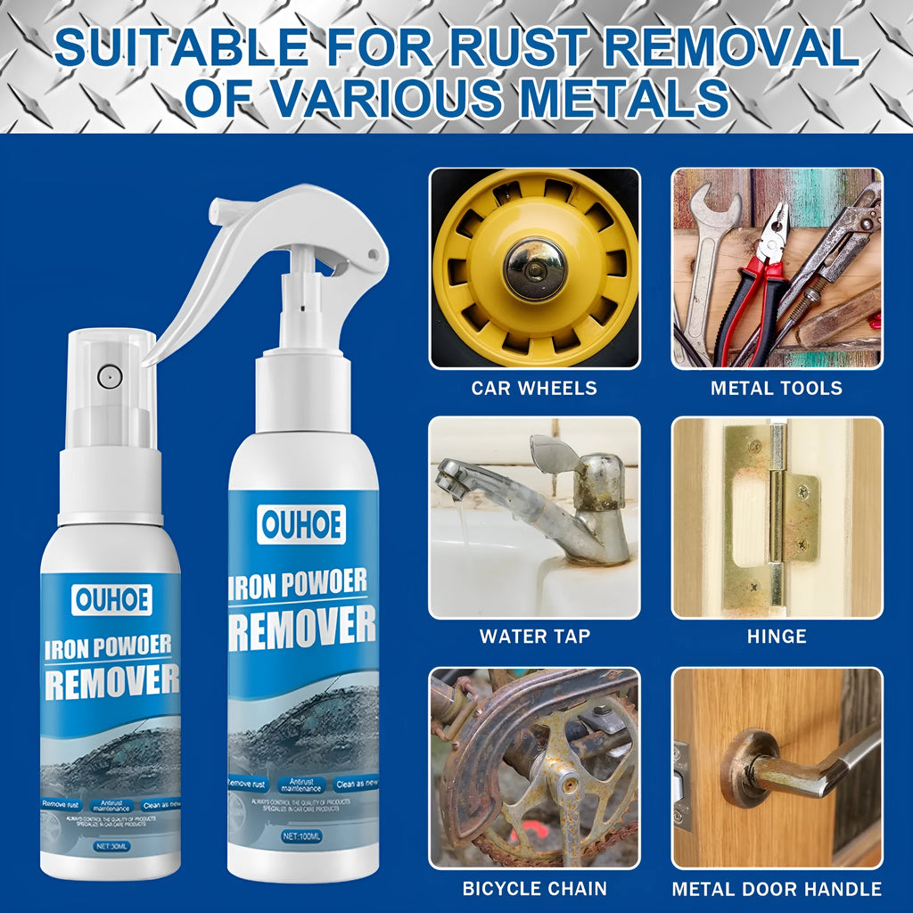 Automotive iron powder remover spray bottle with blue square sponge on car surface