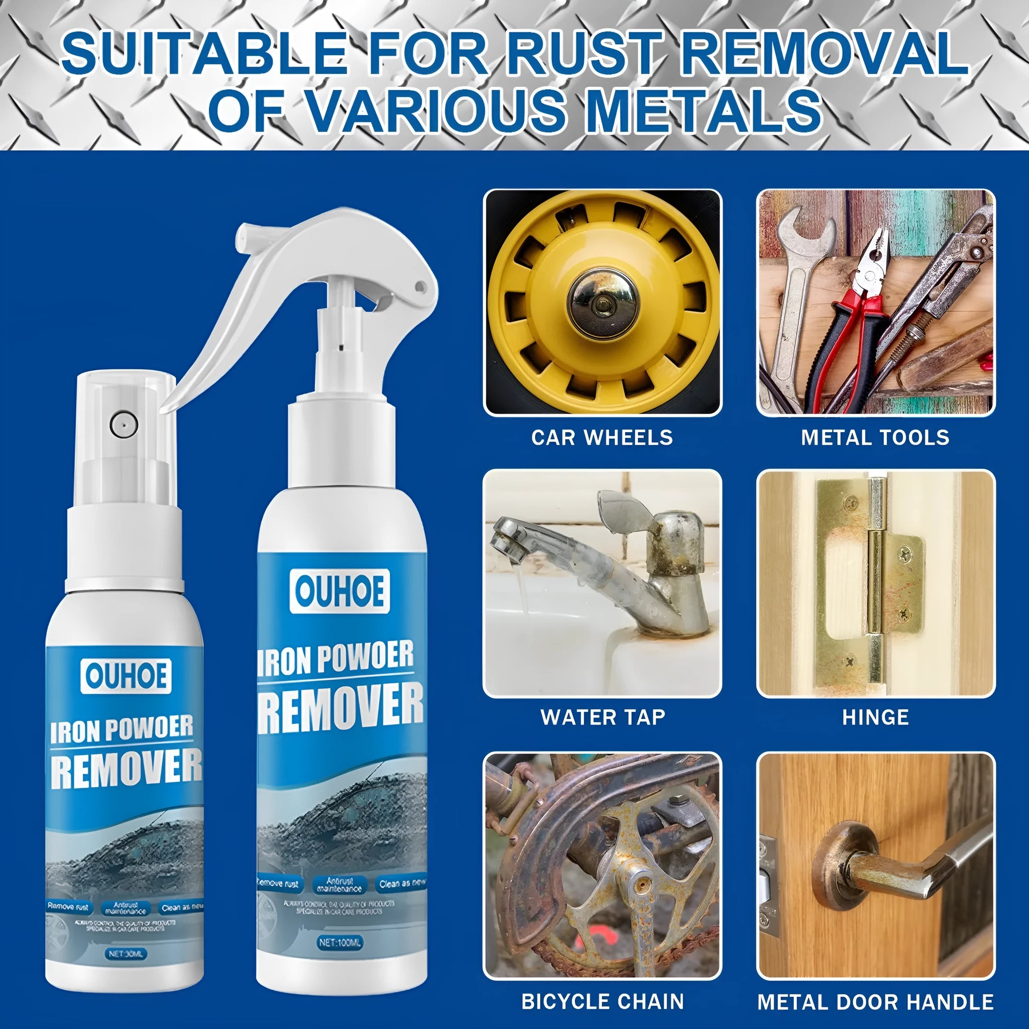 Automotive iron powder remover spray bottle with blue square sponge on car surface