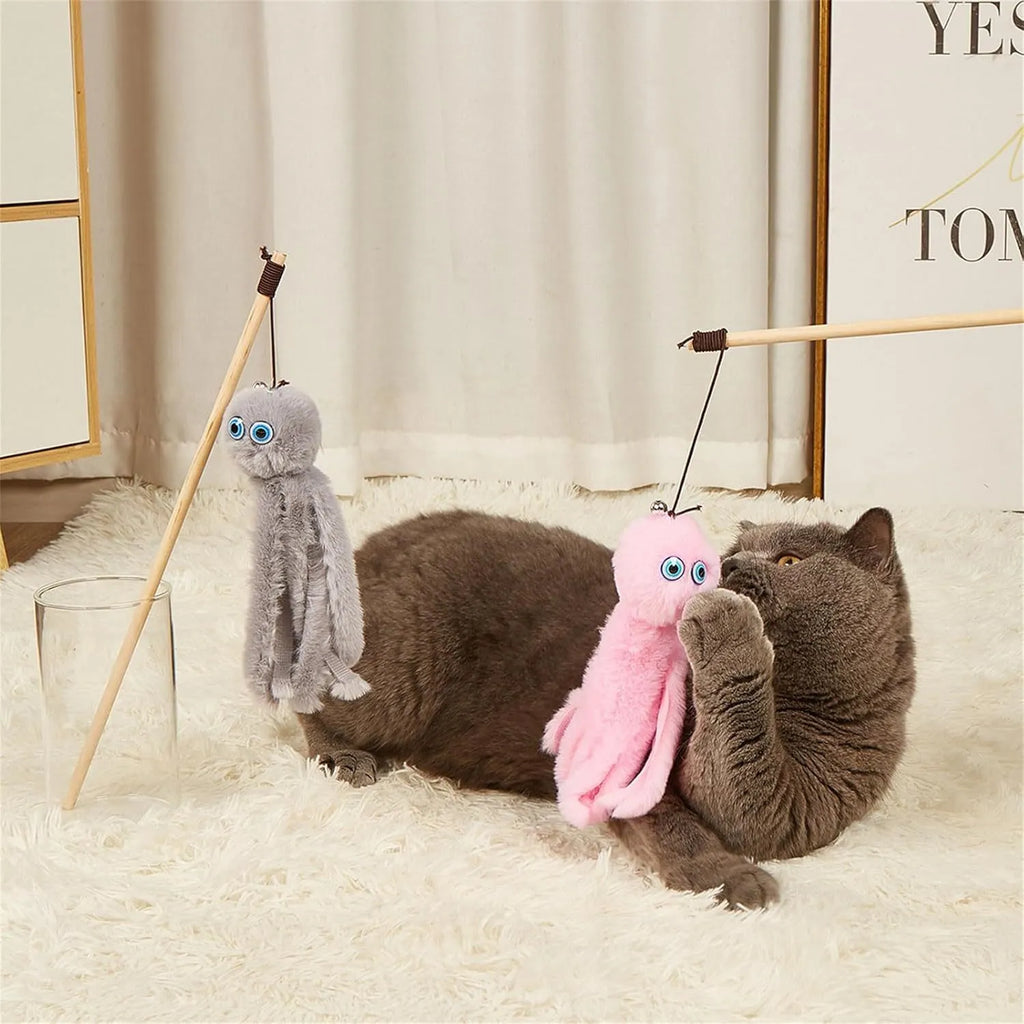 Grey octopus cat toy with eyes on long stick for indoor kitten play