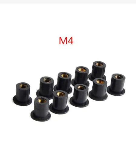 Black rubber motorcycle windscreen fasteners with brass threads in M4 M5 M6 sizes