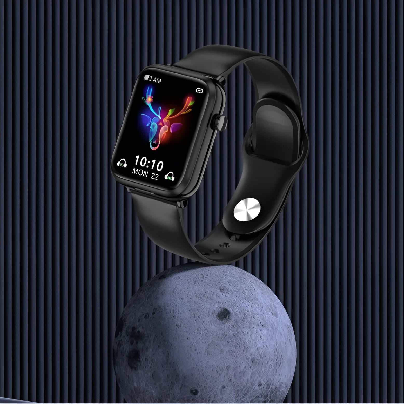 Black all-touch smartwatch with integrated Bluetooth headset charging case, showing 1.69-inch screen.