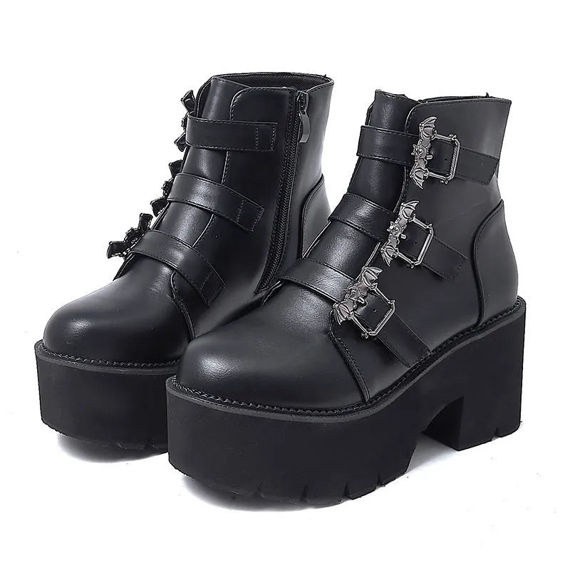 Black women's Harajuku punk Martin ankle boots with bat buckle and chunky heel.