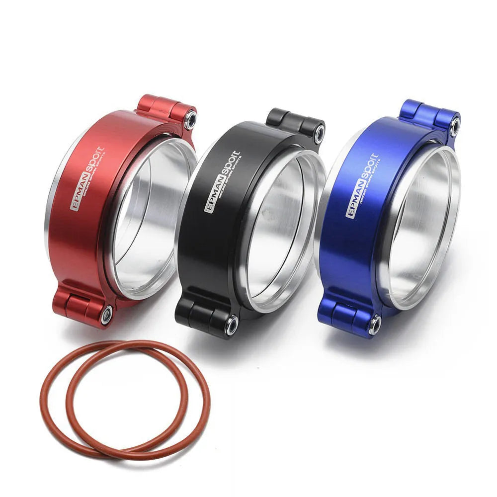 Aluminium fixed movement clamp for car exhaust downspout, shown in black colour.