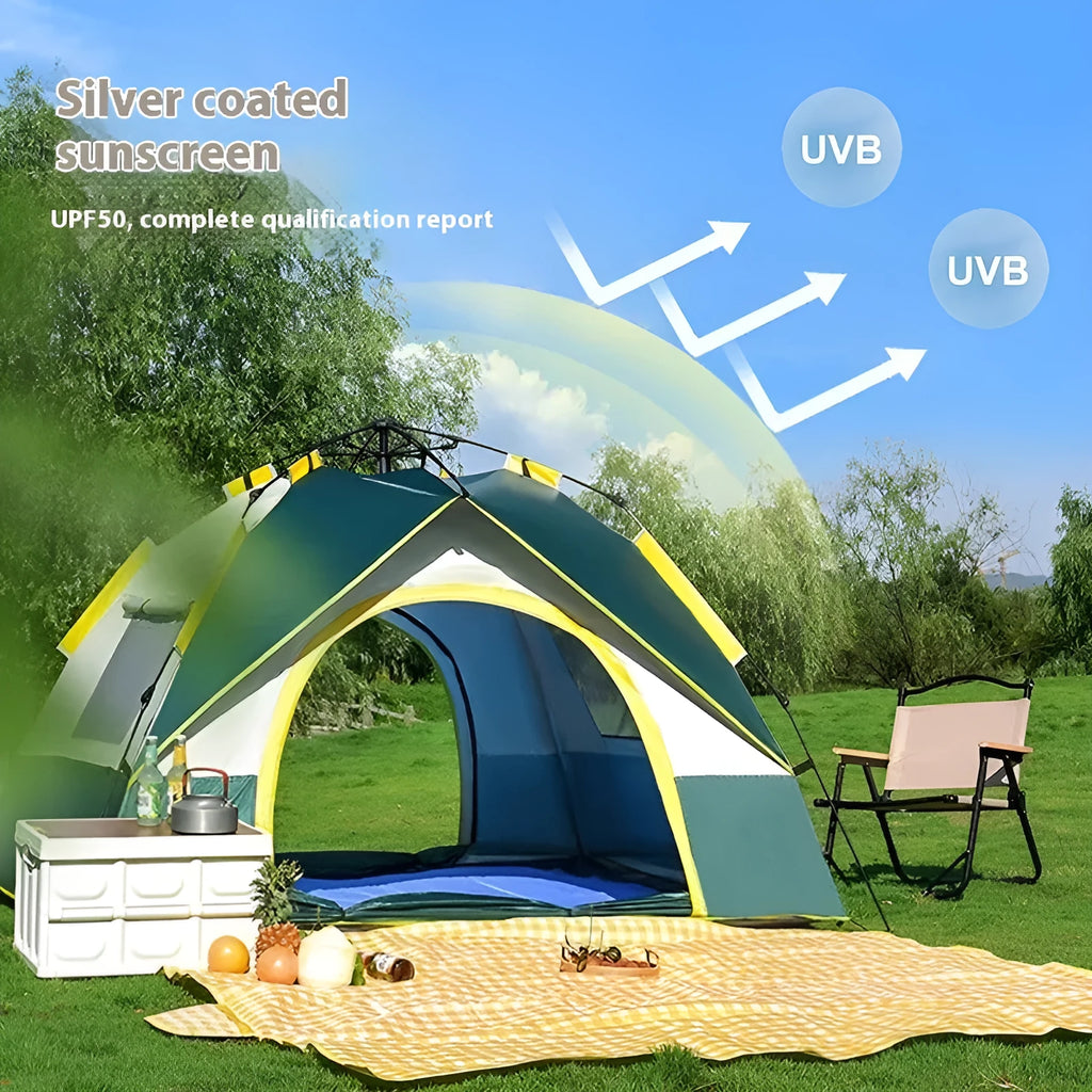Dark green automatic pop-up camping tent for three to four people, fully set up with door and window open.