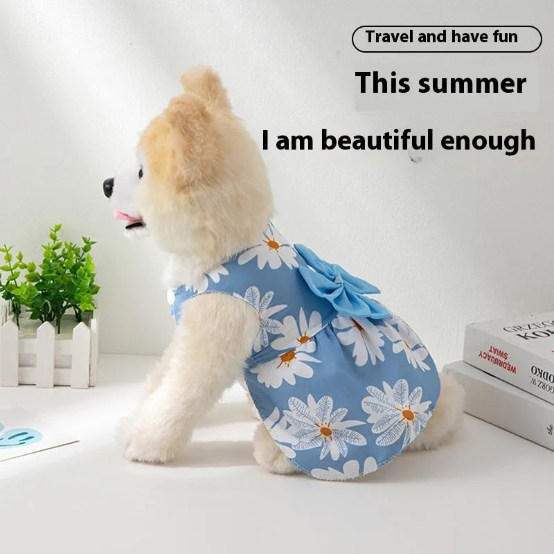 Ultra-thin summer pet dress for dog or cat with decorative floral butterfly knot bow.