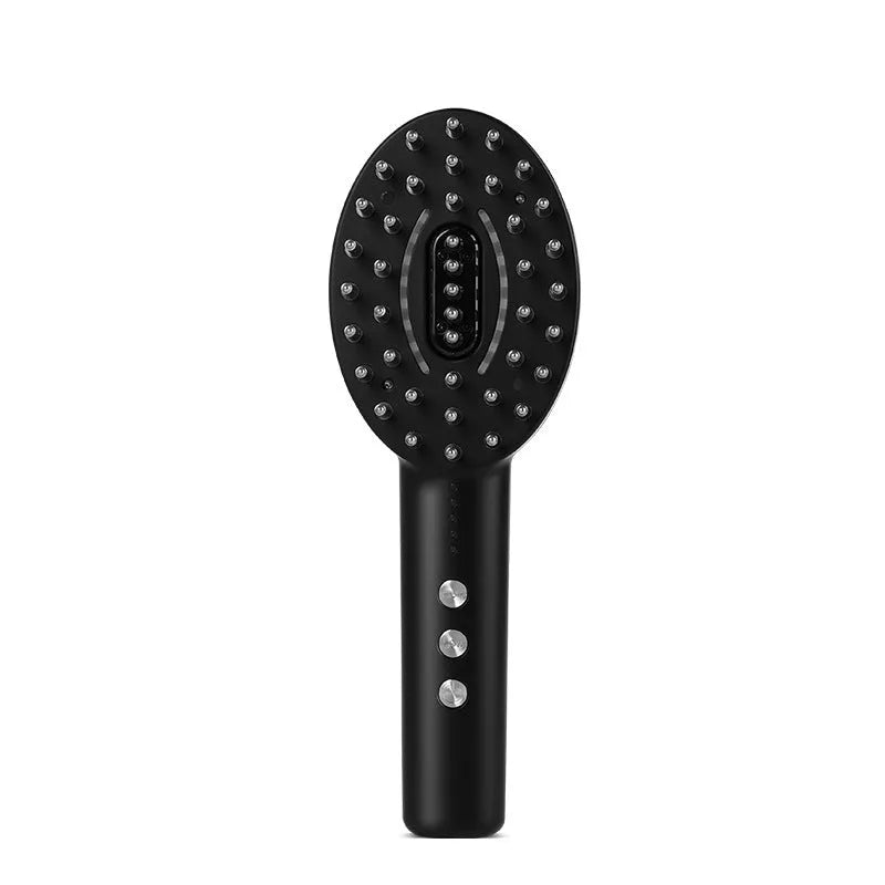 Black handheld electric scalp massage device with a charging cable on a white background.