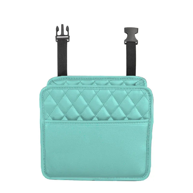 Black leather hanging storage bag for car interior, shown with dimensions 25cm by 25cm.