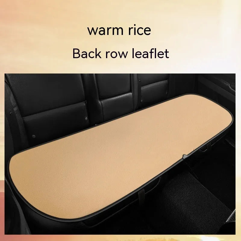 Heated car seat cushion in beige, black, and coffee colours showing single, double, and rear seat size options