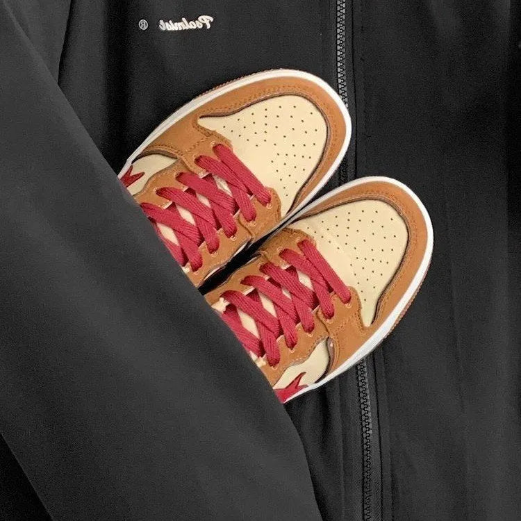Brown women's platform sneakers with sequin details and a lace-up front.