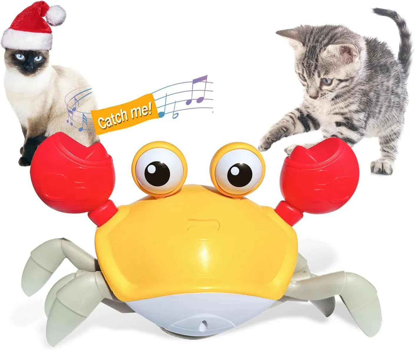 Blue or red electronic crab dog toy with lights, shown moving sideways on a floor.