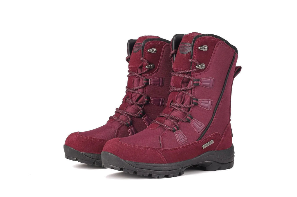 Women's black genuine leather mid-calf snow boots with a round toe and rubber sole on a white background.