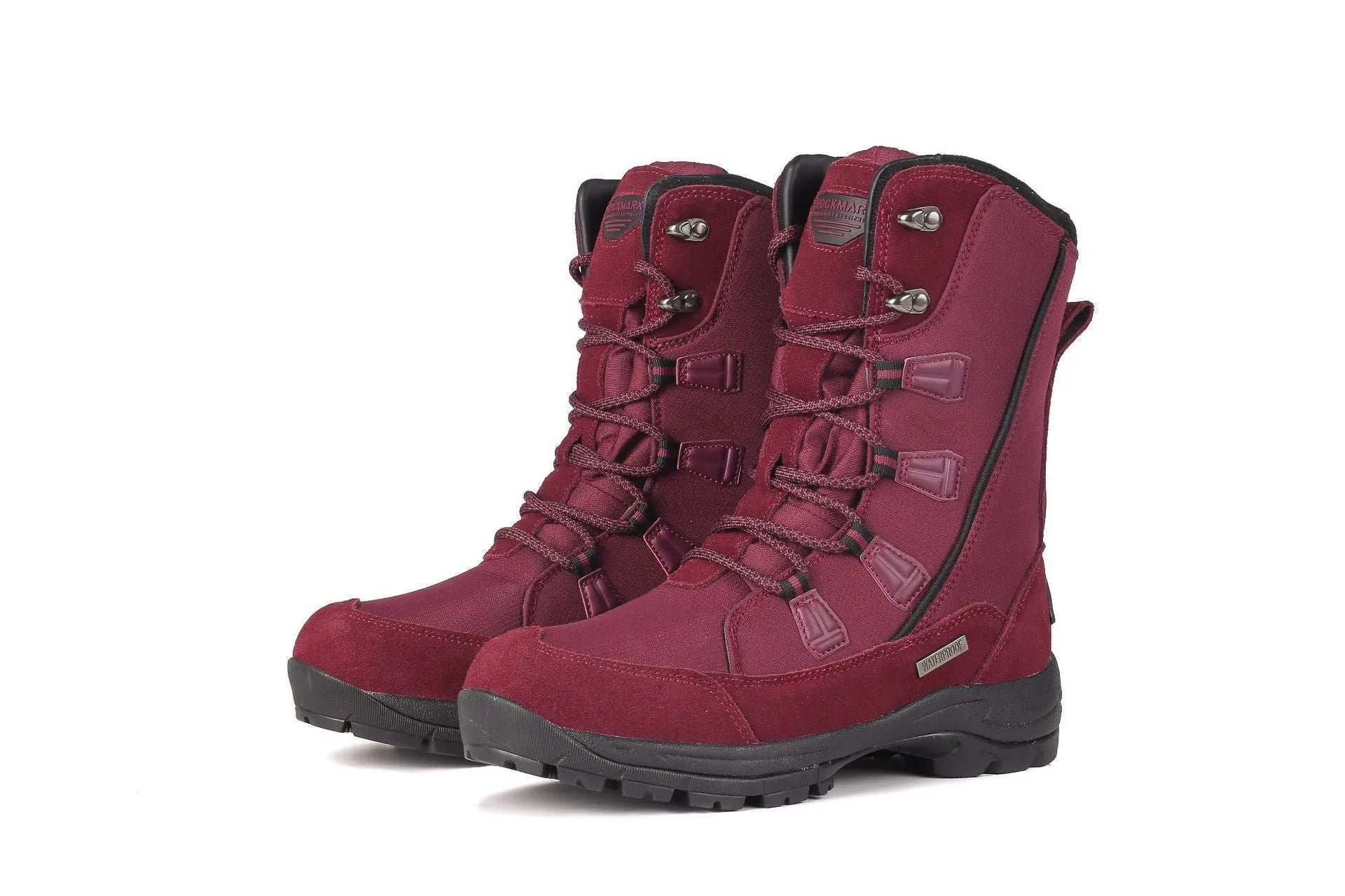 Women's black genuine leather mid-calf snow boots with a round toe and rubber sole on a white background.