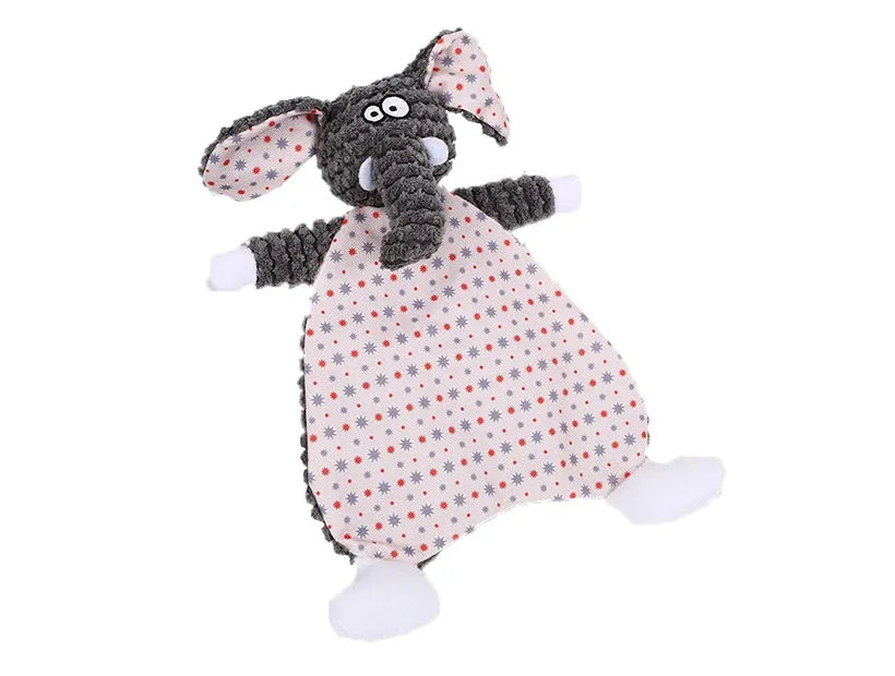 Brown plush fox dog toy with squeaker on a grey background.