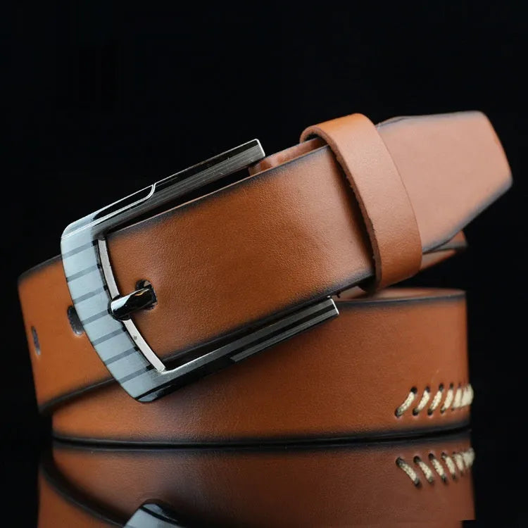 Men's black imitation leather belt with threading pattern and a silver alloy pin buckle.