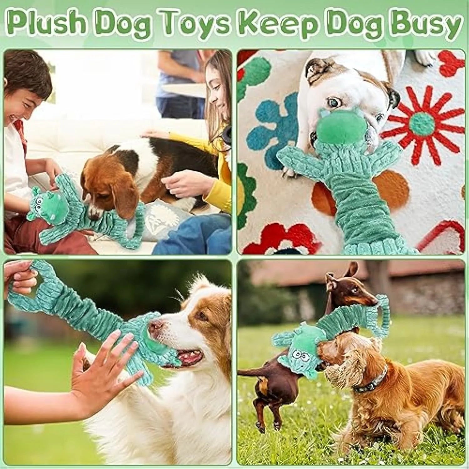 Large plush hippo or monkey dog toy with a handle for tug of war