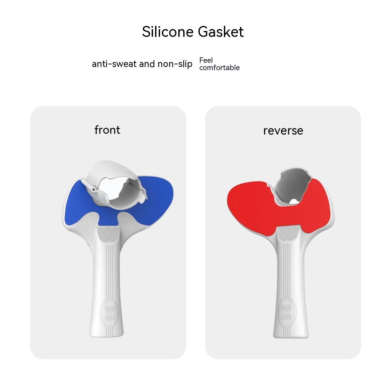 Red and blue plastic silicone table tennis racket hand grip for PICO 4 VR controllers.