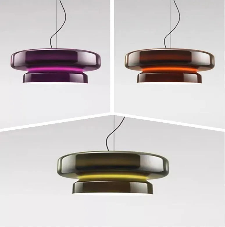 Modern square glass chandelier ceiling light with colour filters in milky white, purple, green, and brown.
