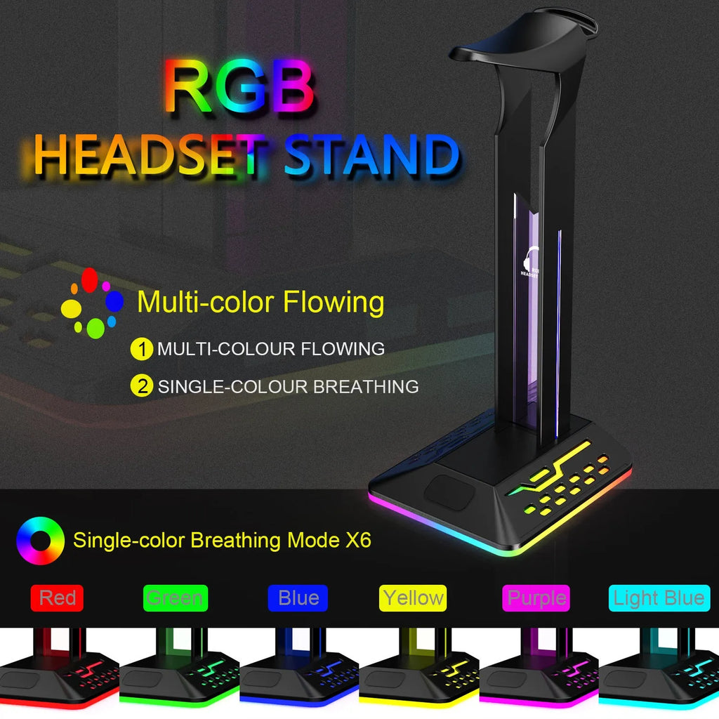 RGB colour changing headset display bracket with dual USB ports and adjustable headphone support arms