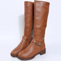 Women's black knight boots with a square heel, round toe, and decorative buckle.