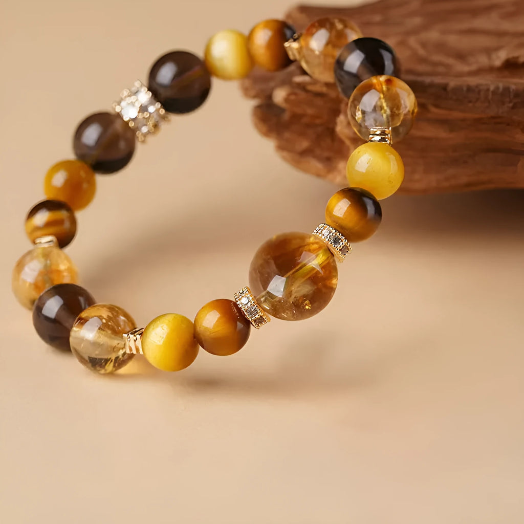 Unisex tiger-eye crystal bracelet with geometric yellow tower beads in 10mm or 12mm size options.