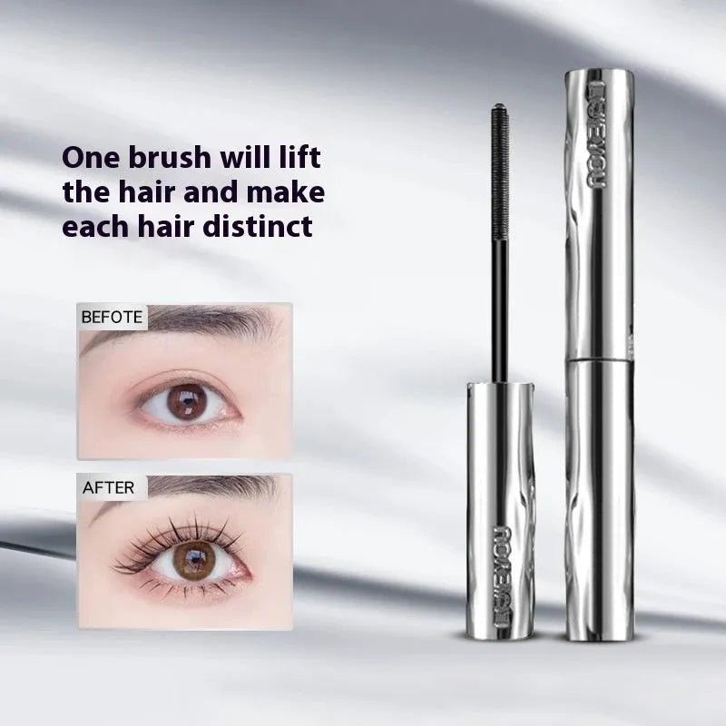 Waterproof mascara in steel tube with black and brown colour options shown with eyelash curler