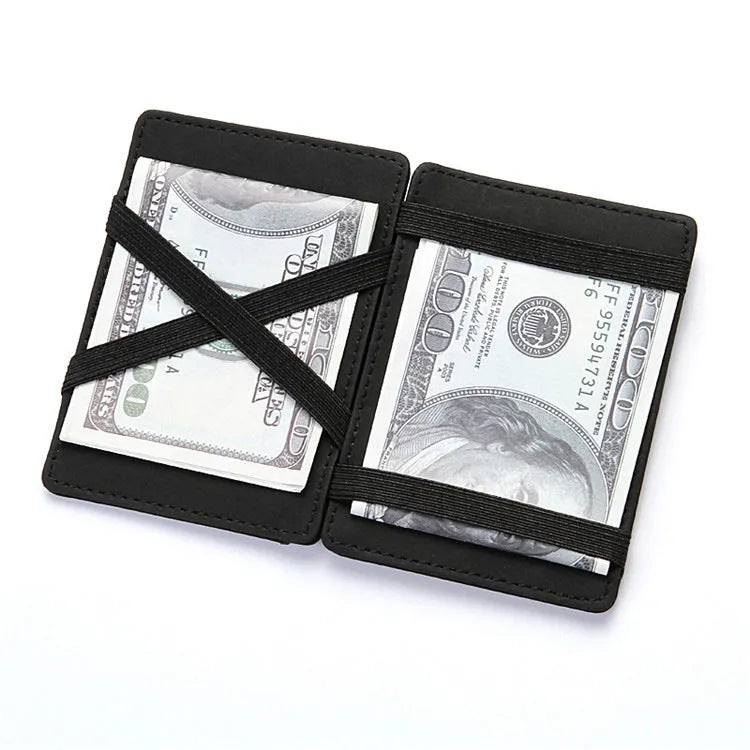 PU creative magic wallet showing flip card holder and zipper coin purse in solid colour with sewing line detailing