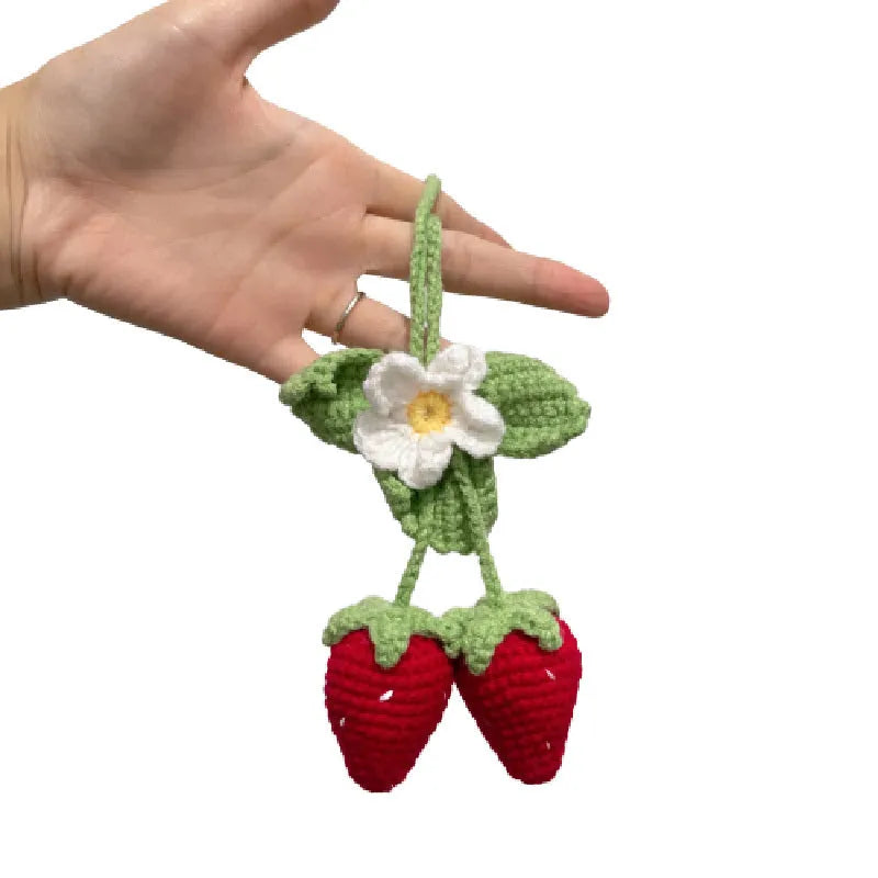 Handmade strawberry-shaped car pendant decoration made from woven cotton and hemp knitting wool