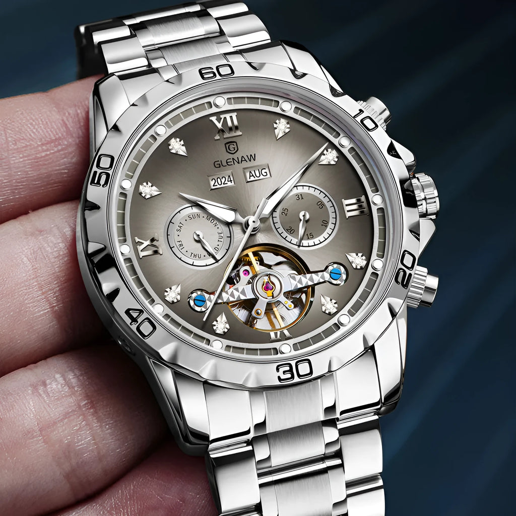 Men's automatic mechanical watch with stainless steel strap and business style design